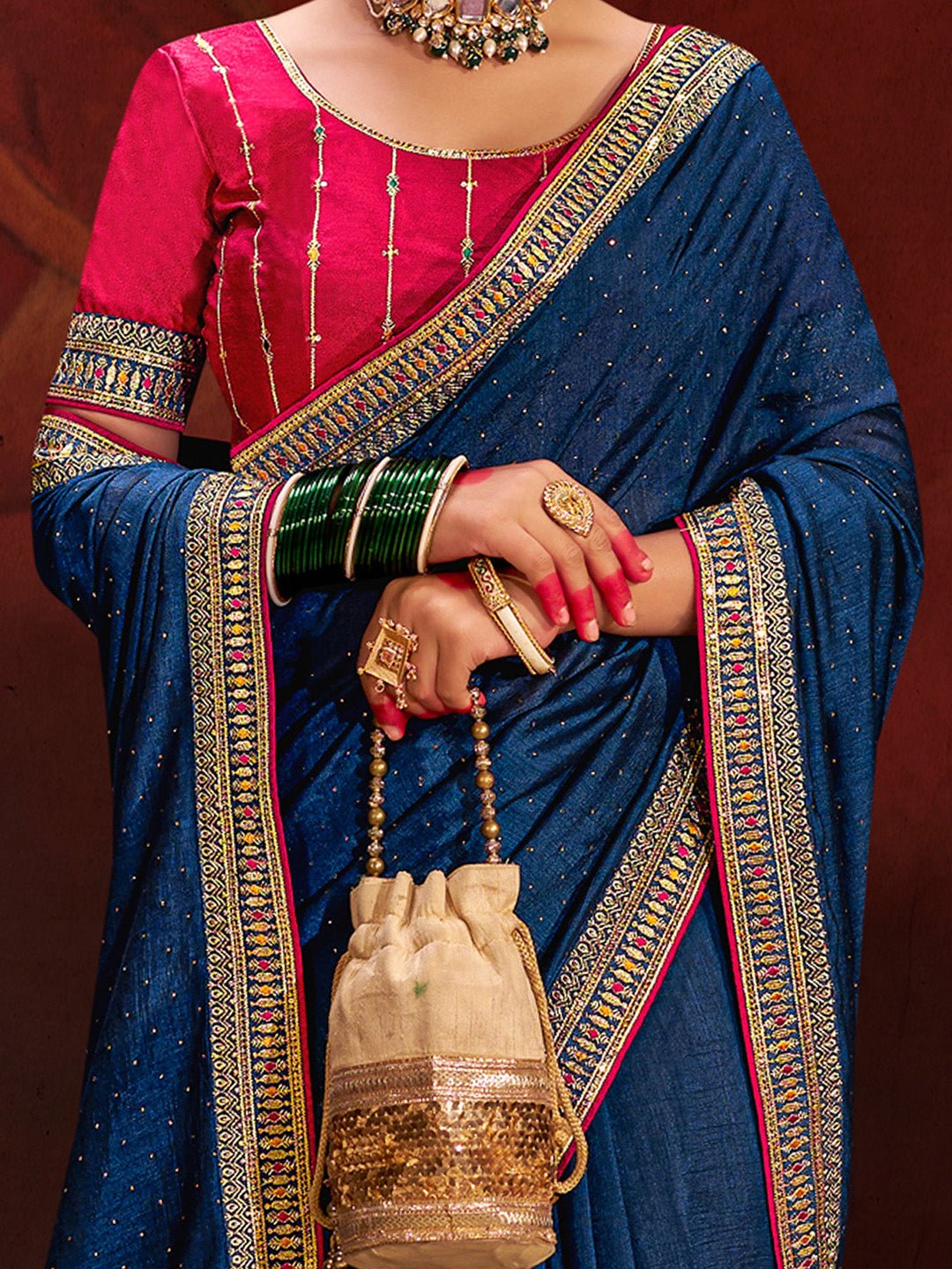 Royal Blue Silk Saree with Embroidered Border - Ressa
