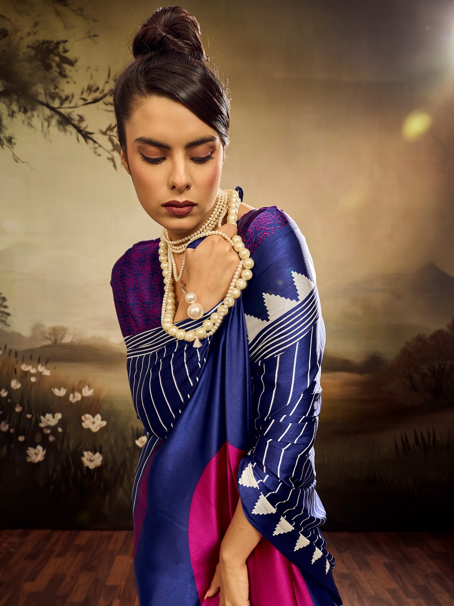 Royal Blue & White Striped Ikat Silk Saree - Ressa