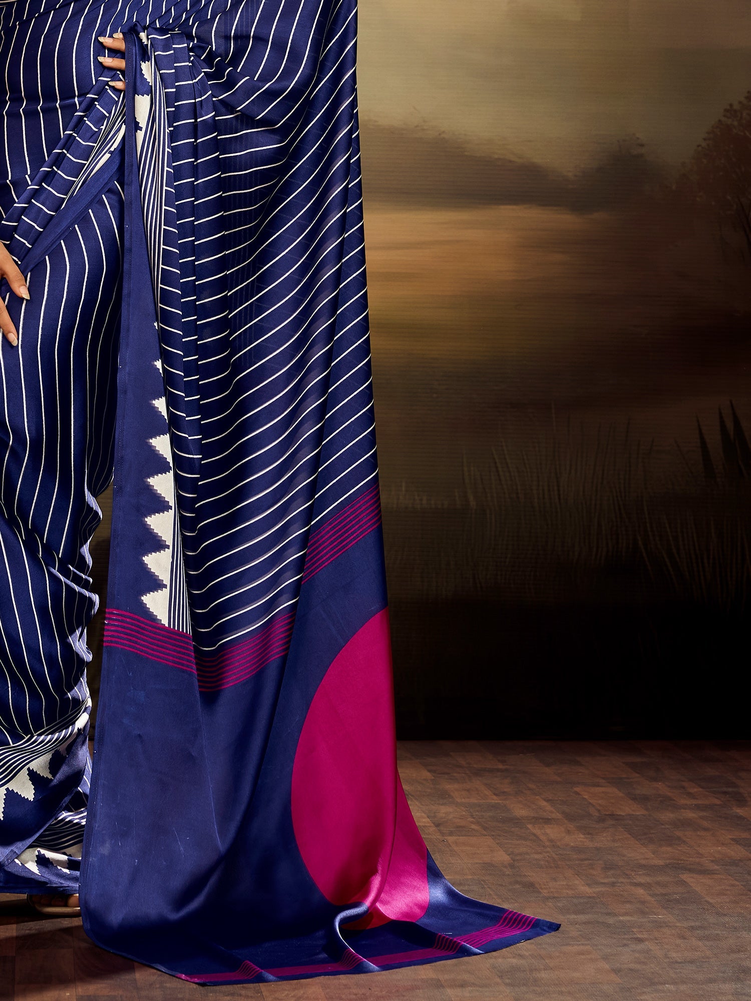 Royal Blue & White Striped Ikat Silk Saree - Ressa
