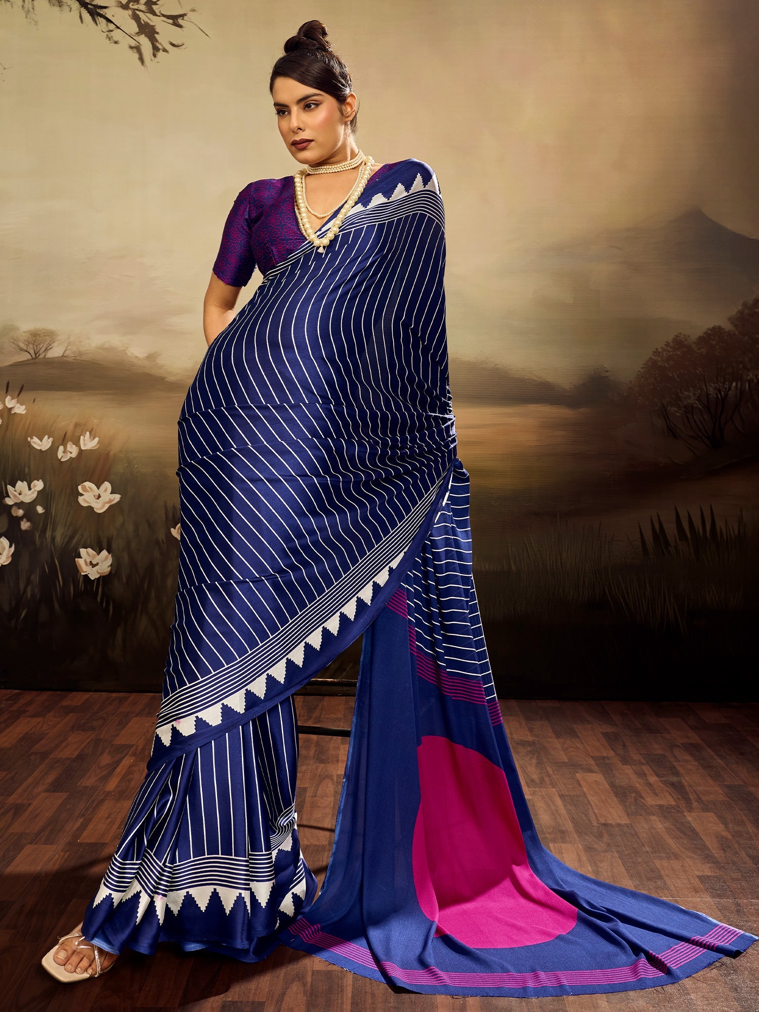 Royal Blue & White Striped Ikat Silk Saree - Ressa