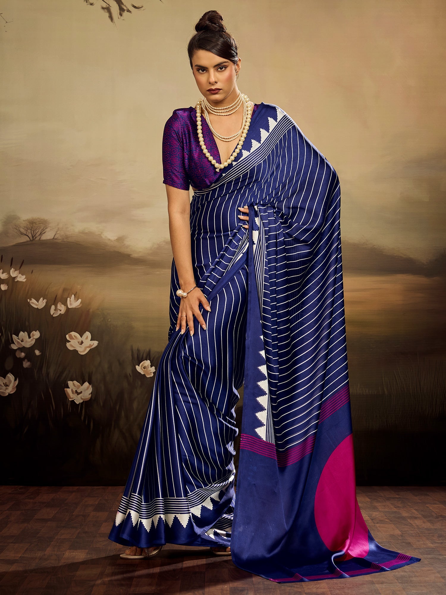 Royal Blue & White Striped Ikat Silk Saree - Ressa