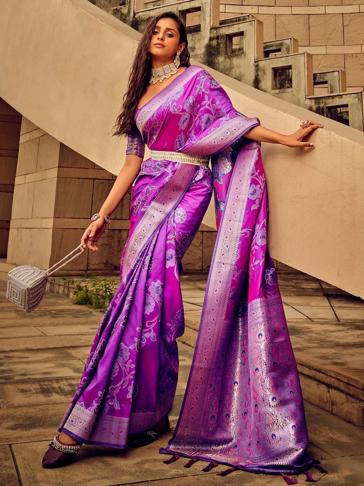 Royal Dusty Lavender Banarasi Silk Blend Saree - Ressa