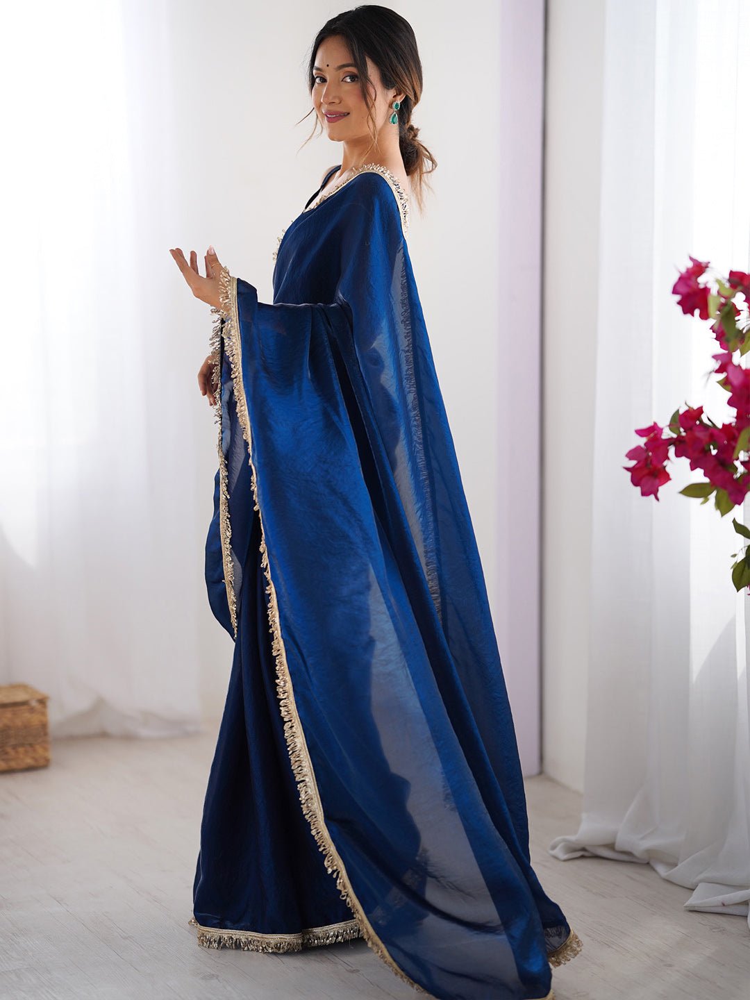 Royal Navy Blue Organza Saree with Gold Border - Ressa