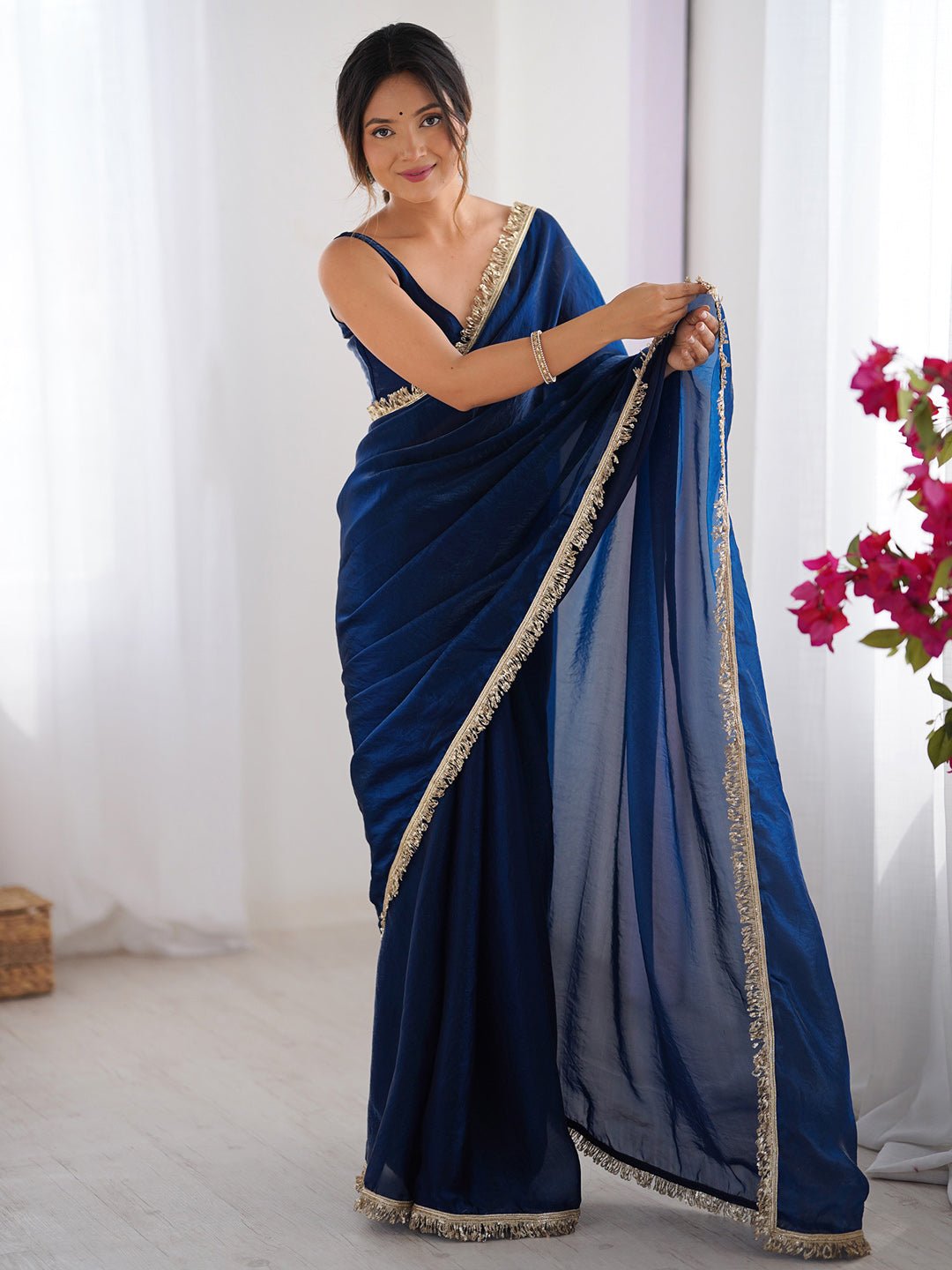 Royal Navy Blue Organza Saree with Gold Border - Ressa