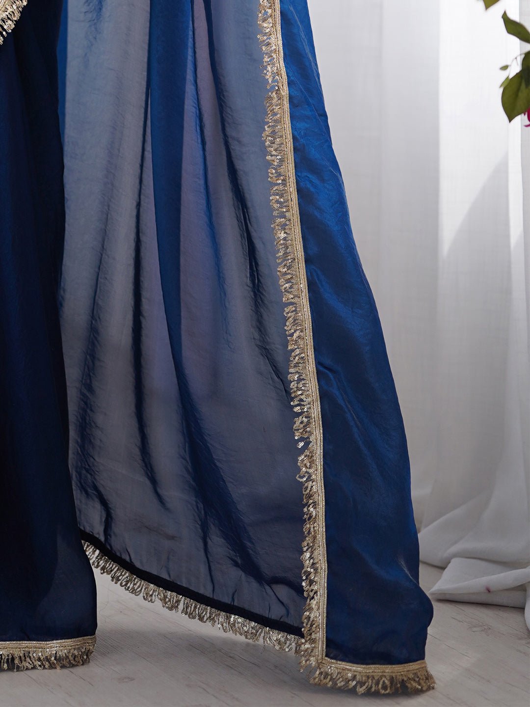Royal Navy Blue Organza Saree with Gold Border - Ressa