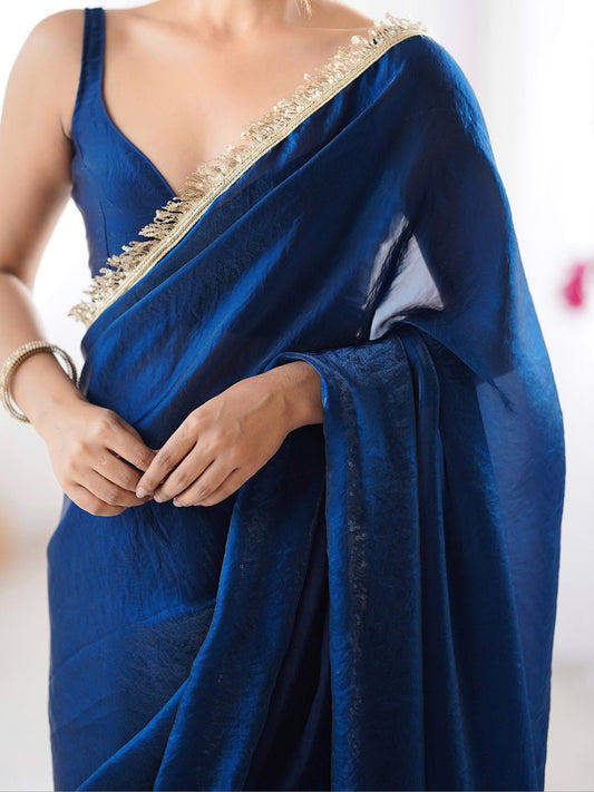 Royal Navy Blue Organza Saree with Gold Border - Ressa
