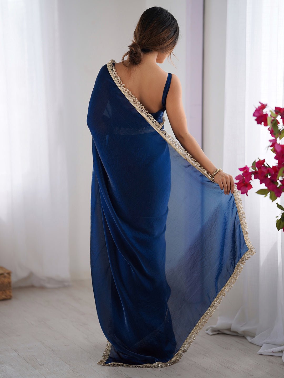 Royal Navy Blue Organza Saree with Gold Border - Ressa