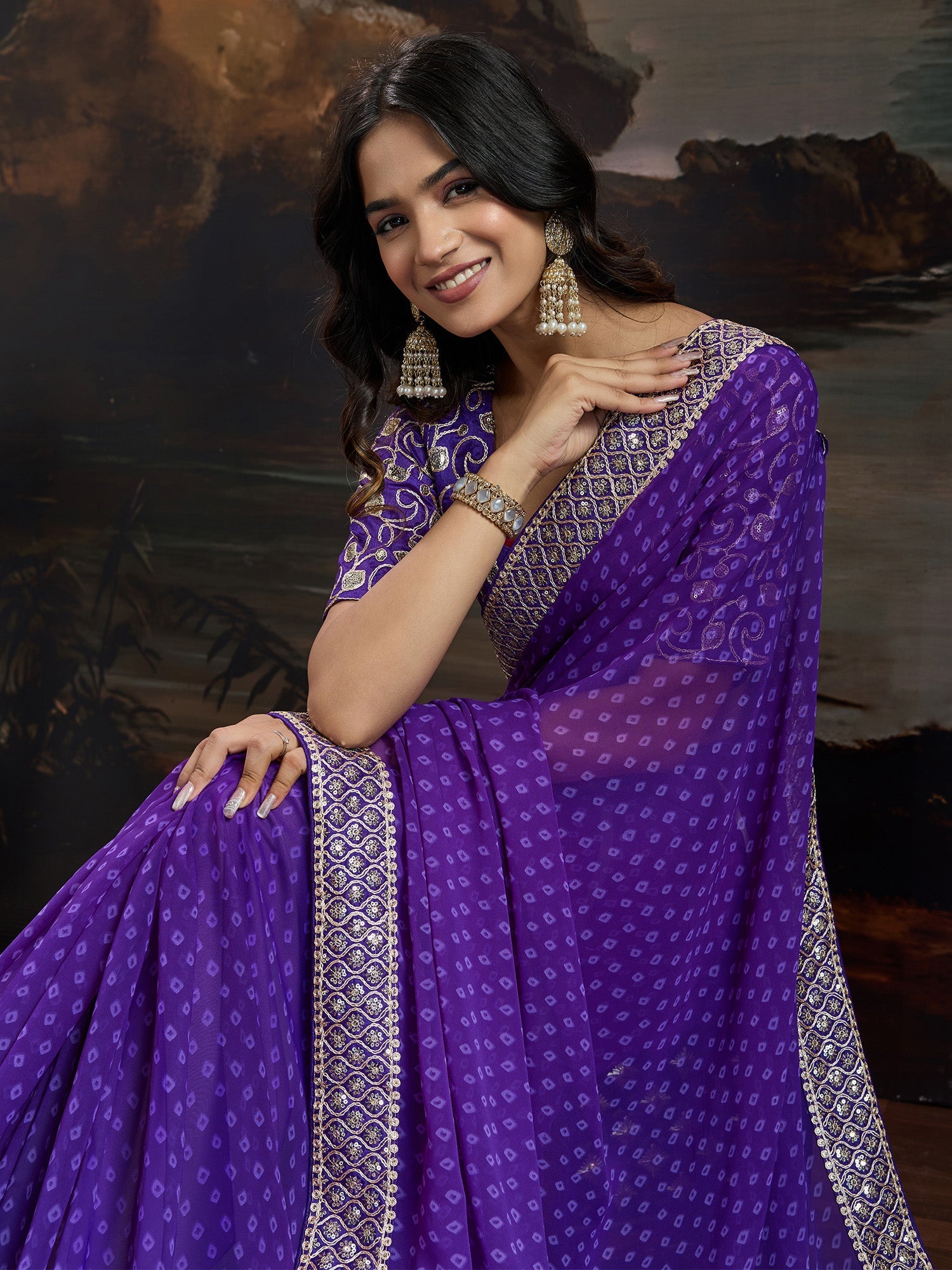 Royal Purple Bandhani Georgette Saree - Ressa
