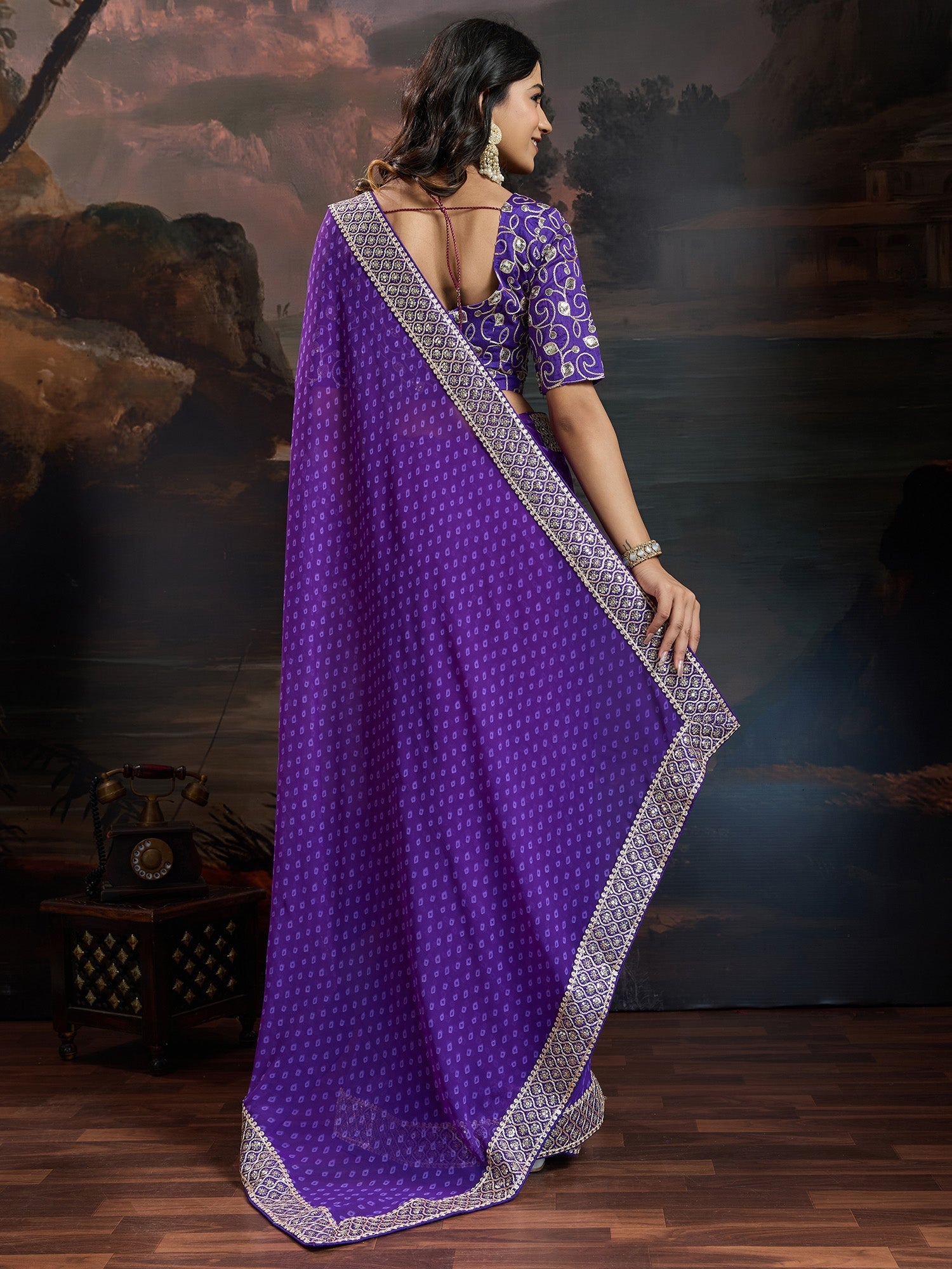 Royal Purple Bandhani Georgette Saree - Ressa
