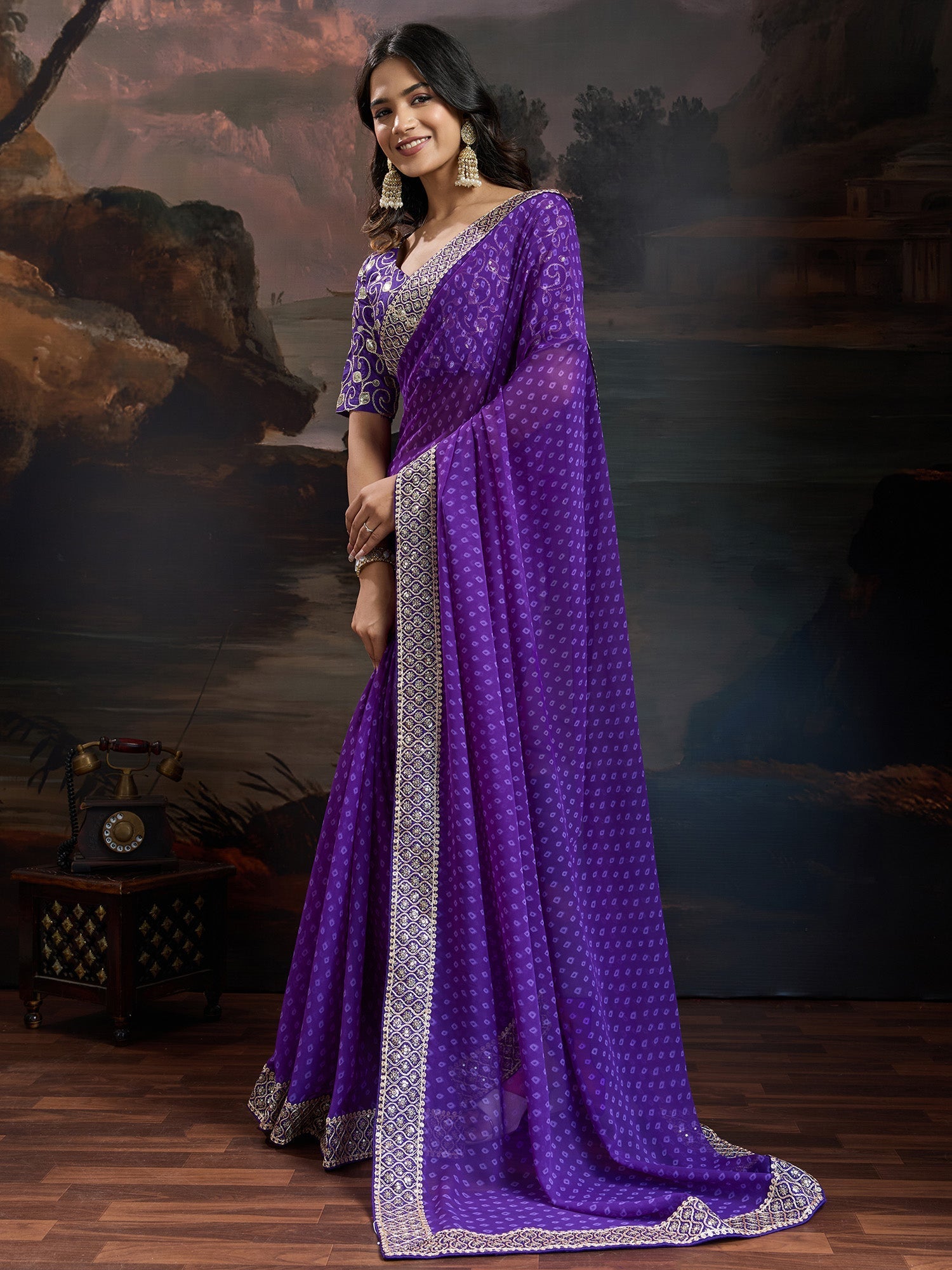 Royal Purple Bandhani Georgette Saree - Ressa