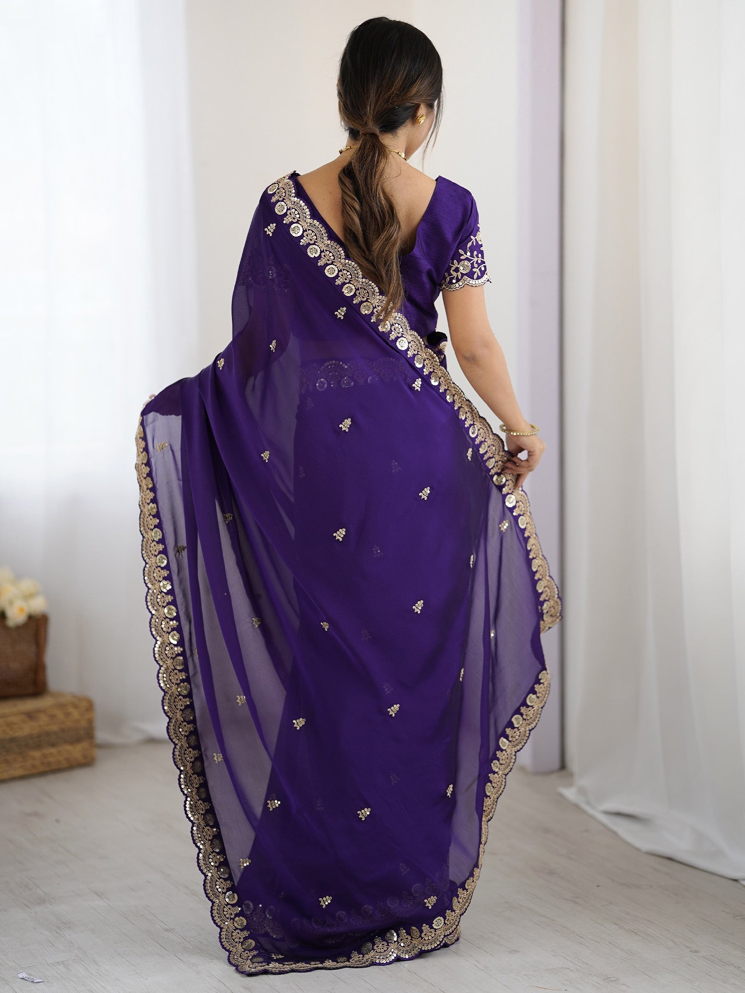 Royal Purple Embroidered Georgette Saree with Blouse - Ressa