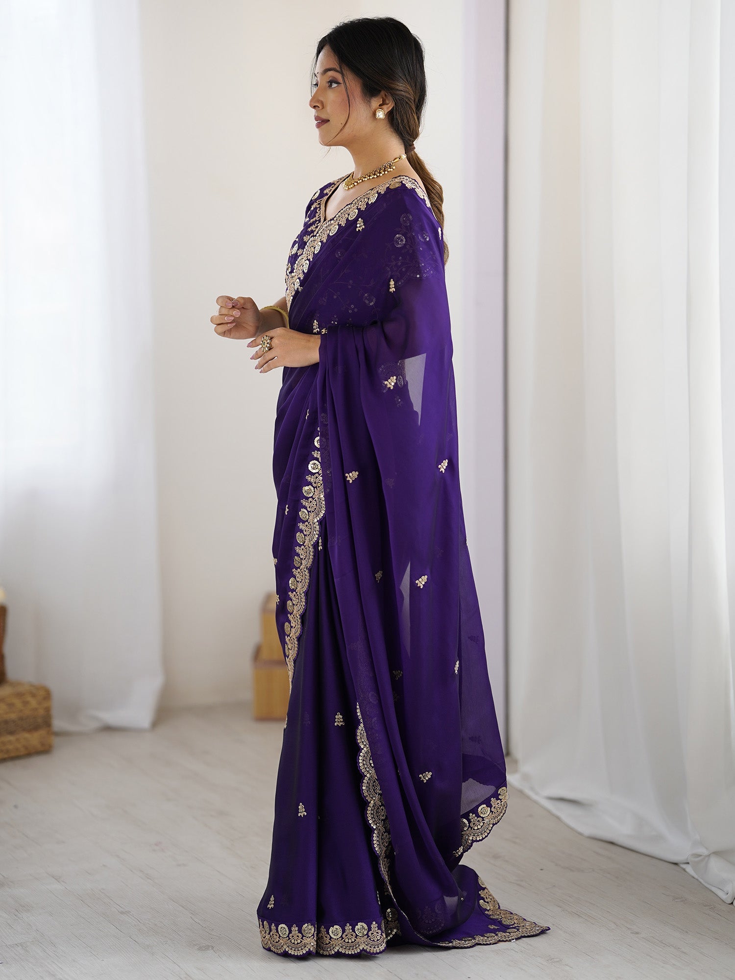Royal Purple Embroidered Georgette Saree with Blouse - Ressa