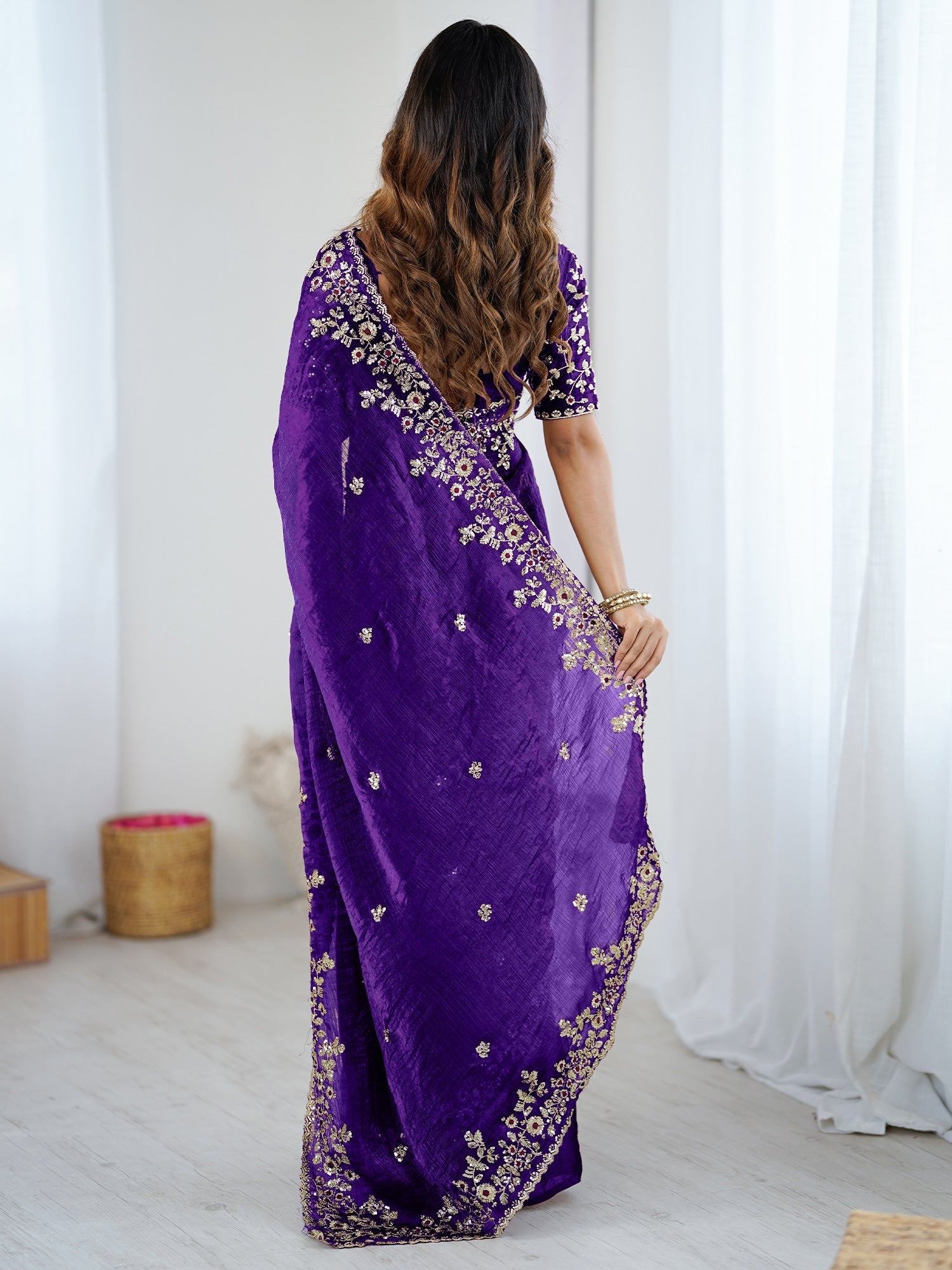 Royal Purple Embroidered Silk Saree - Ressa