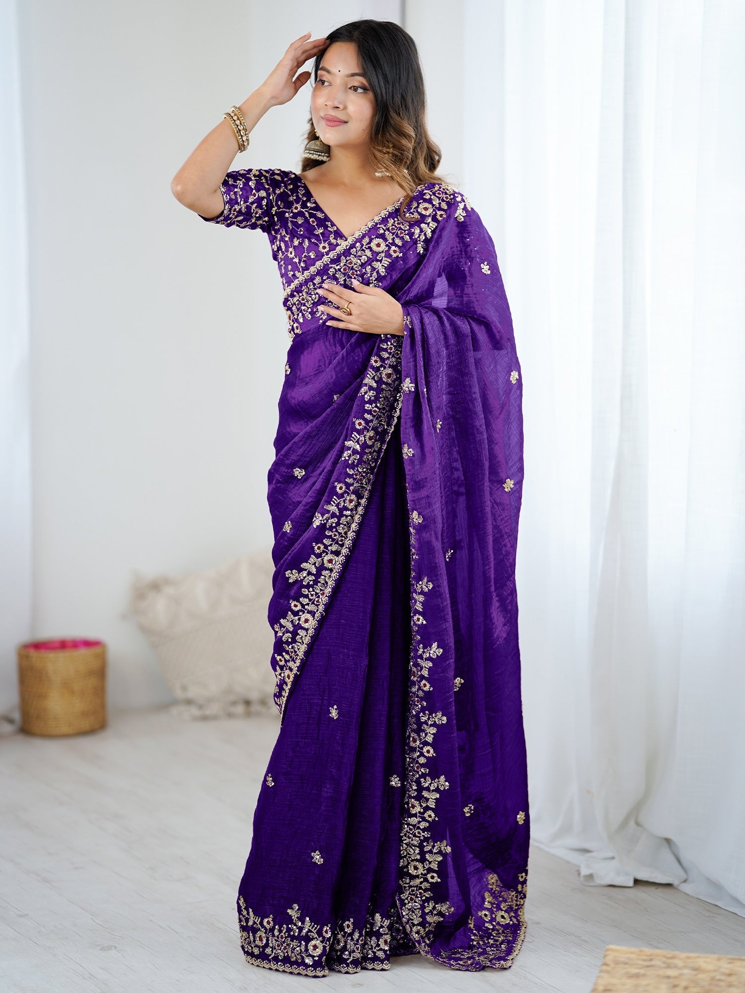 Royal Purple Embroidered Silk Saree - Ressa