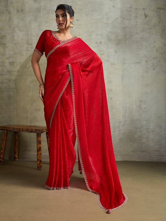 Royal Red Tissue Silk Saree With Zarkhan Work - Ressa