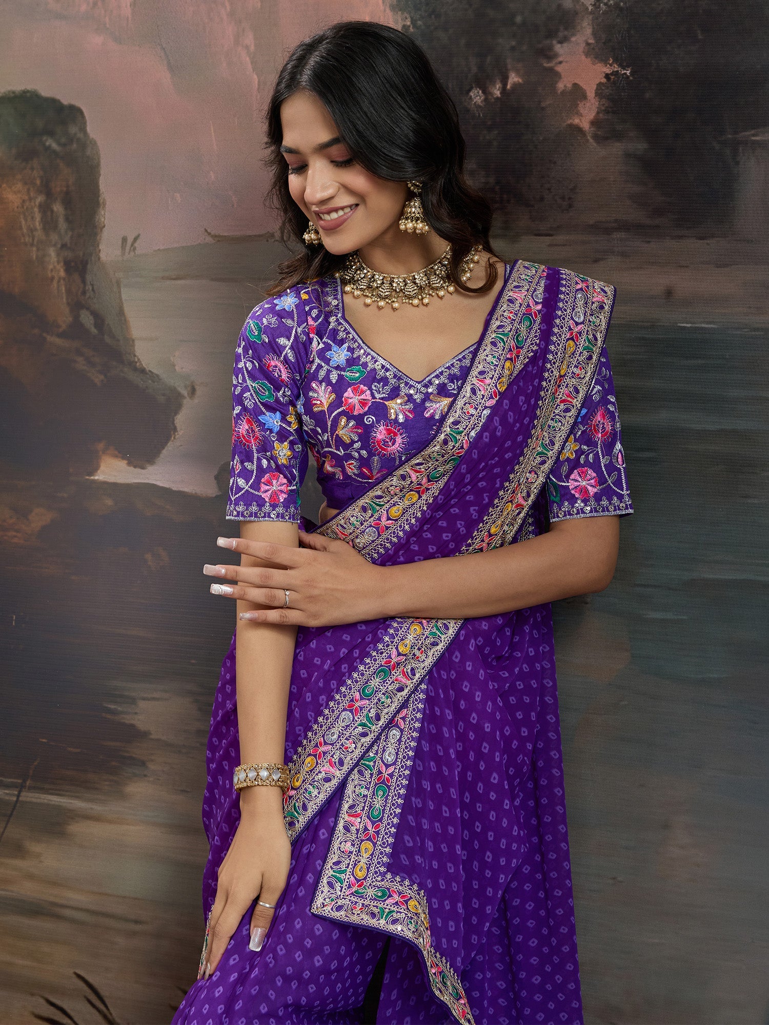 Royal Violet Bandhani Georgette Saree - Ressa