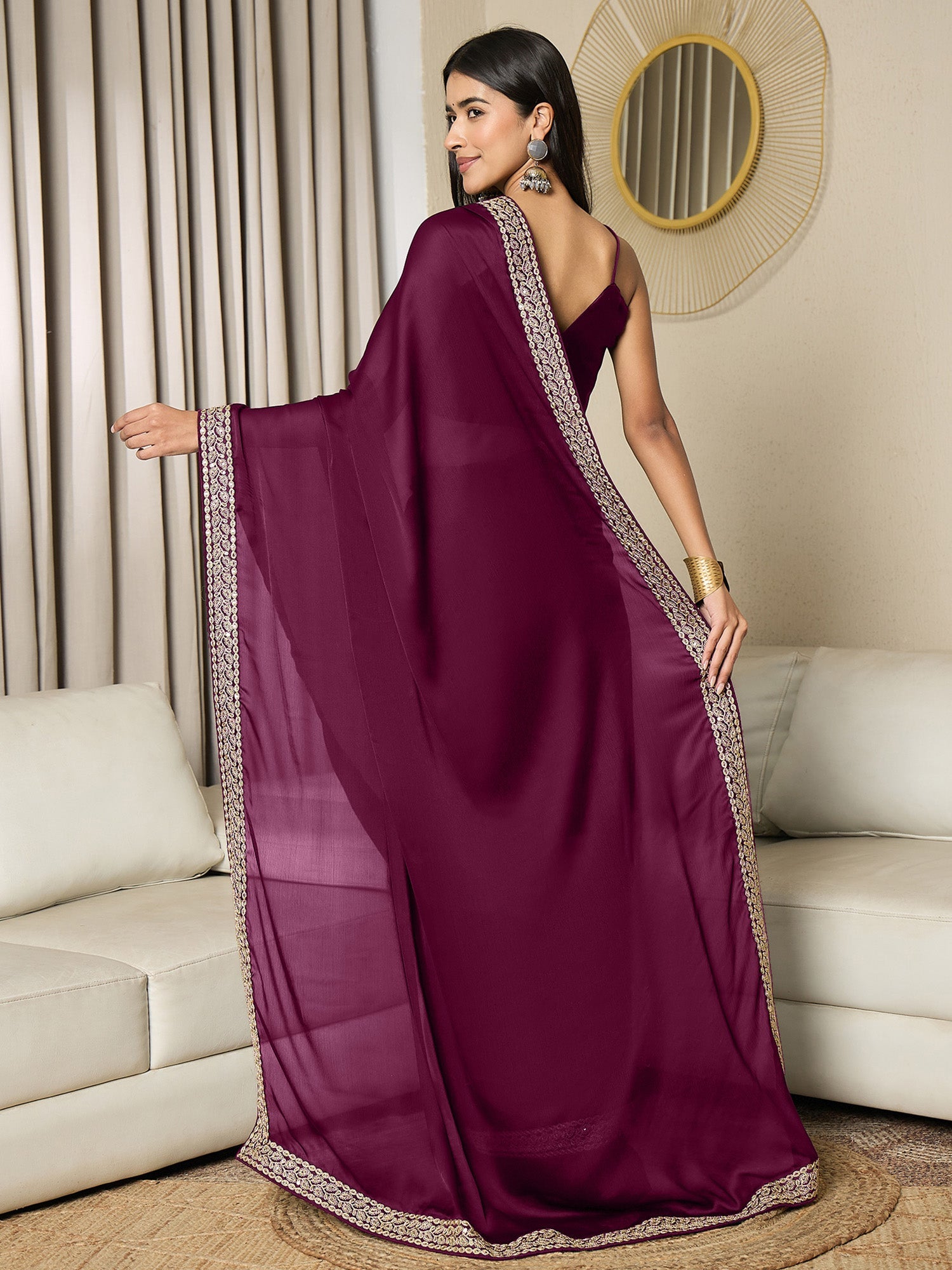 RTW Wine Satin with Embroidered Border Saree - Ressa