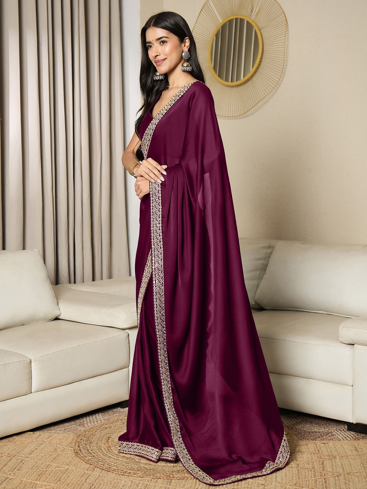 RTW Wine Satin with Embroidered Border Saree - Ressa