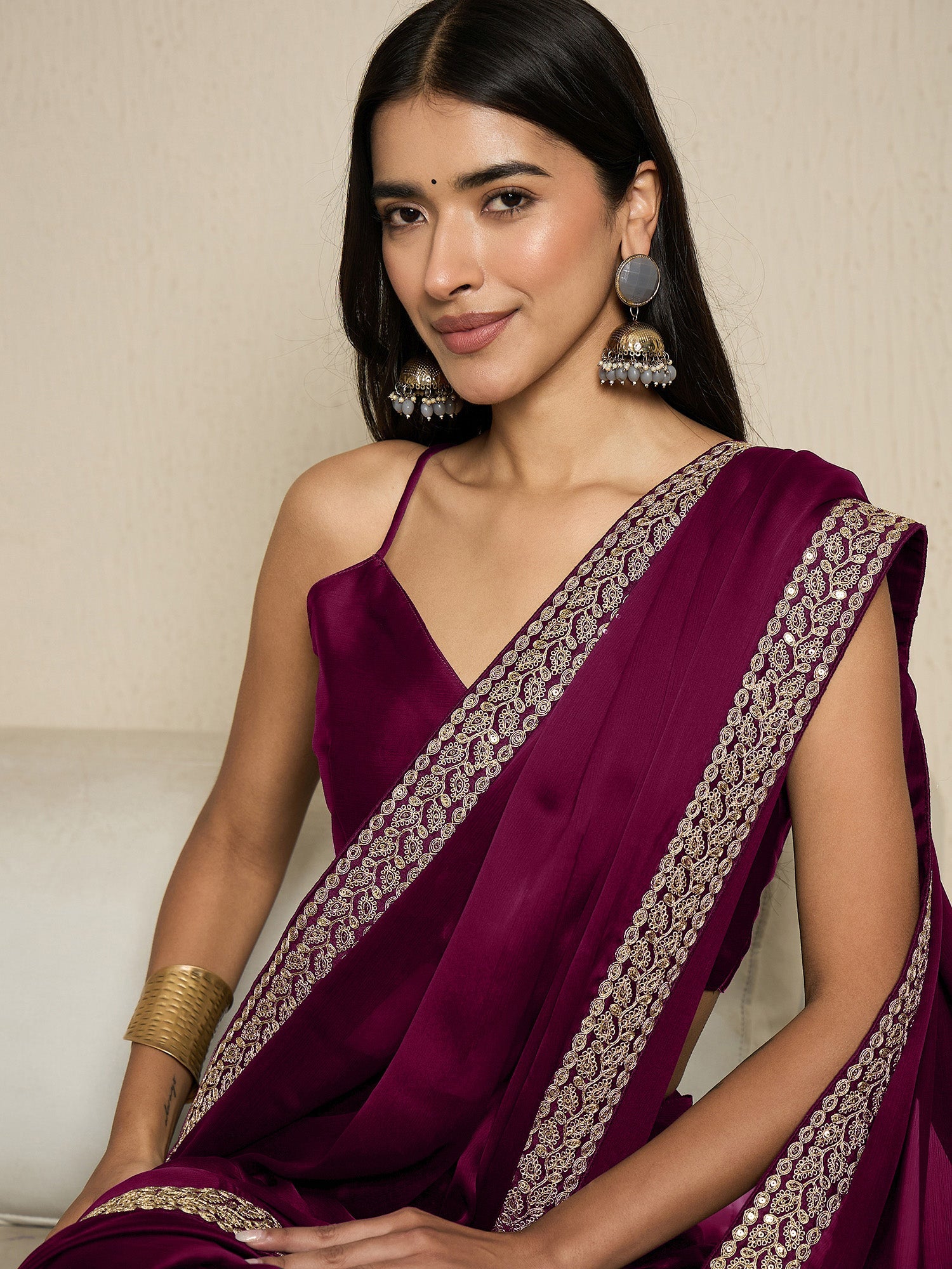 RTW Wine Satin with Embroidered Border Saree - Ressa
