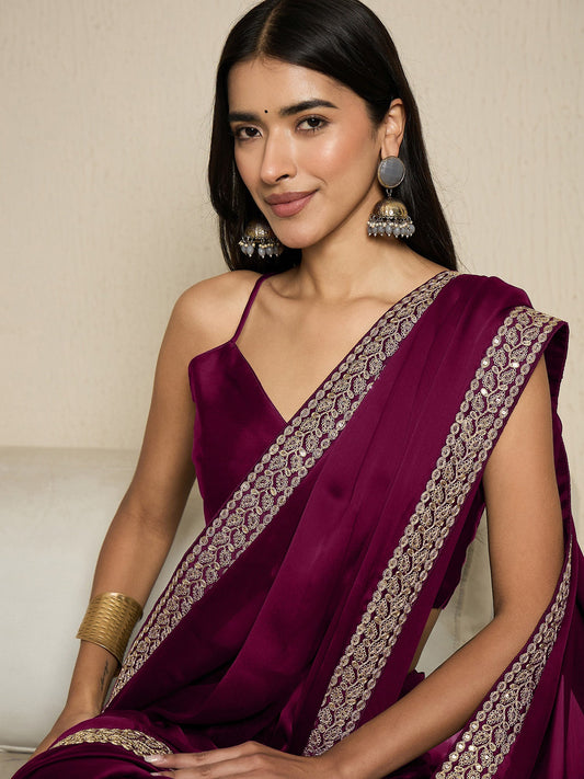 RTW Wine Satin with Embroidered Border Saree - Ressa