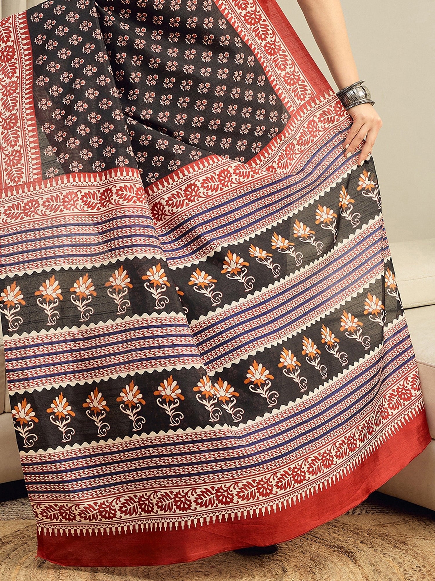 Black Bhagalpuri Silk Block Printed Saree - Ressa