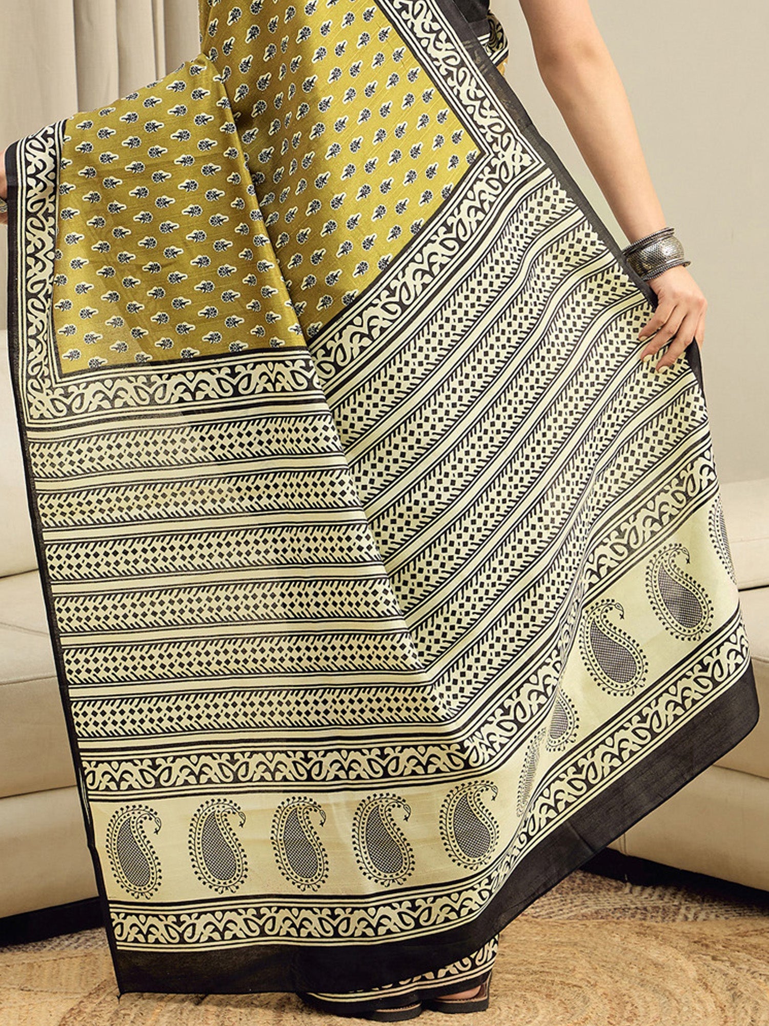 Olive Bhagalpuri Silk Block Printed Saree - Ressa