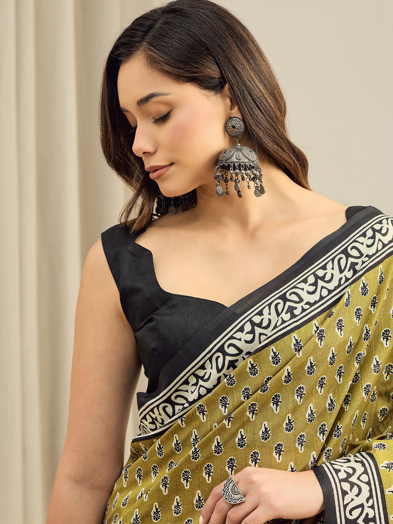 Olive Bhagalpuri Silk Block Printed Saree - Ressa
