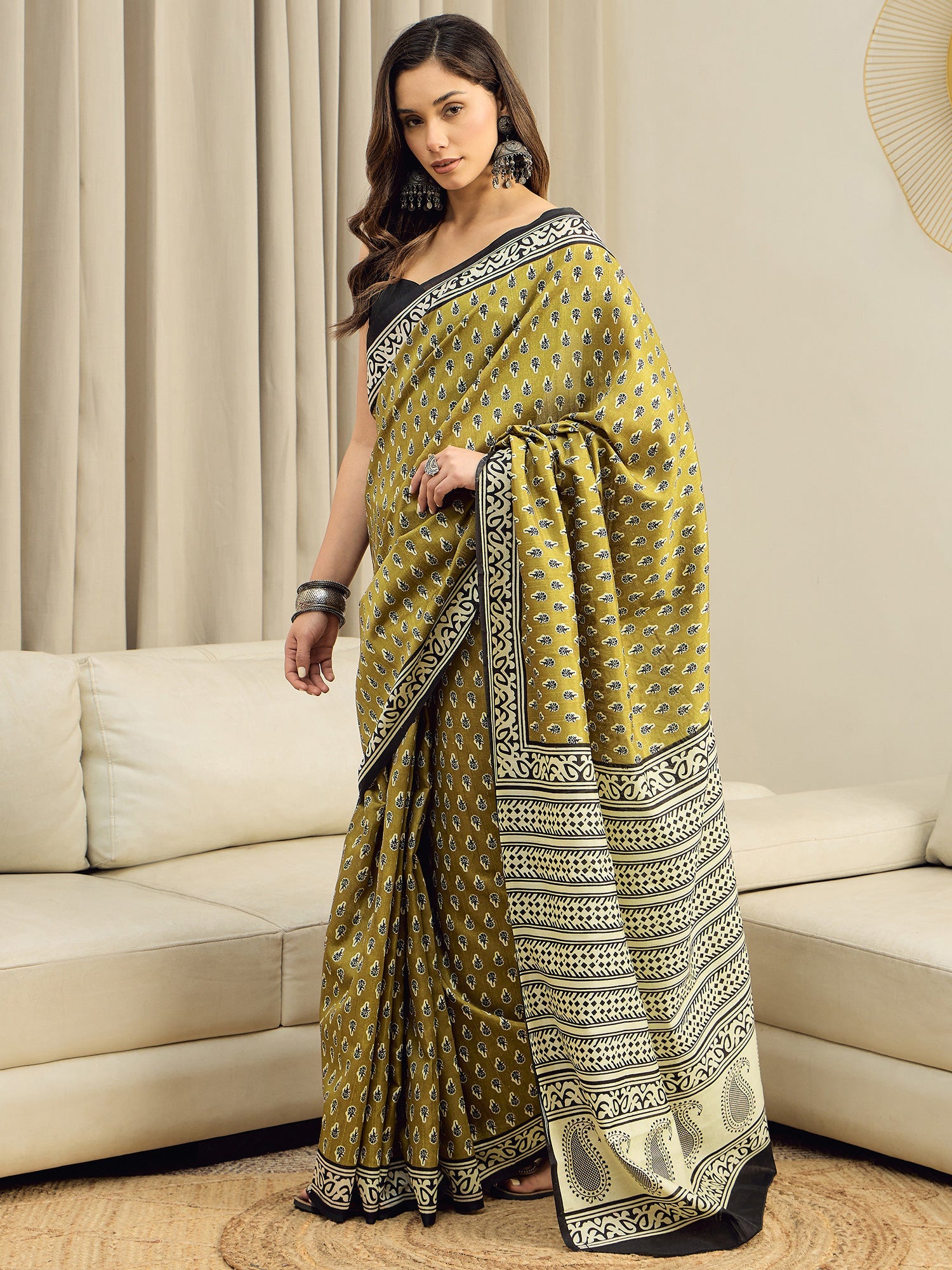 Olive Bhagalpuri Silk Block Printed Saree - Ressa