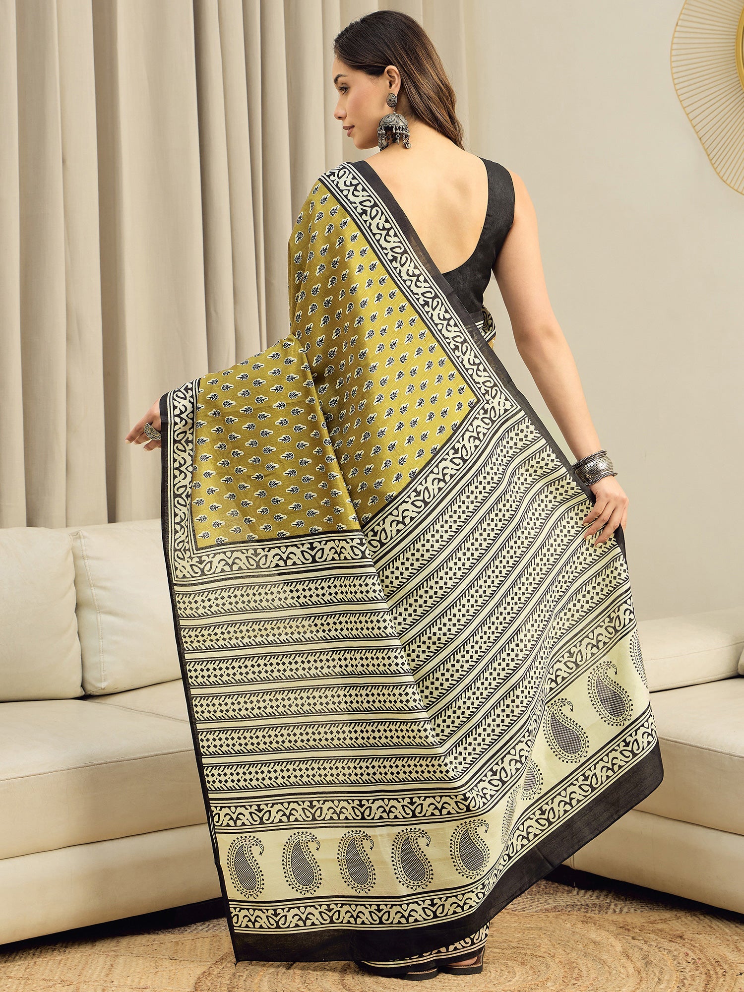Olive Bhagalpuri Silk Block Printed Saree - Ressa