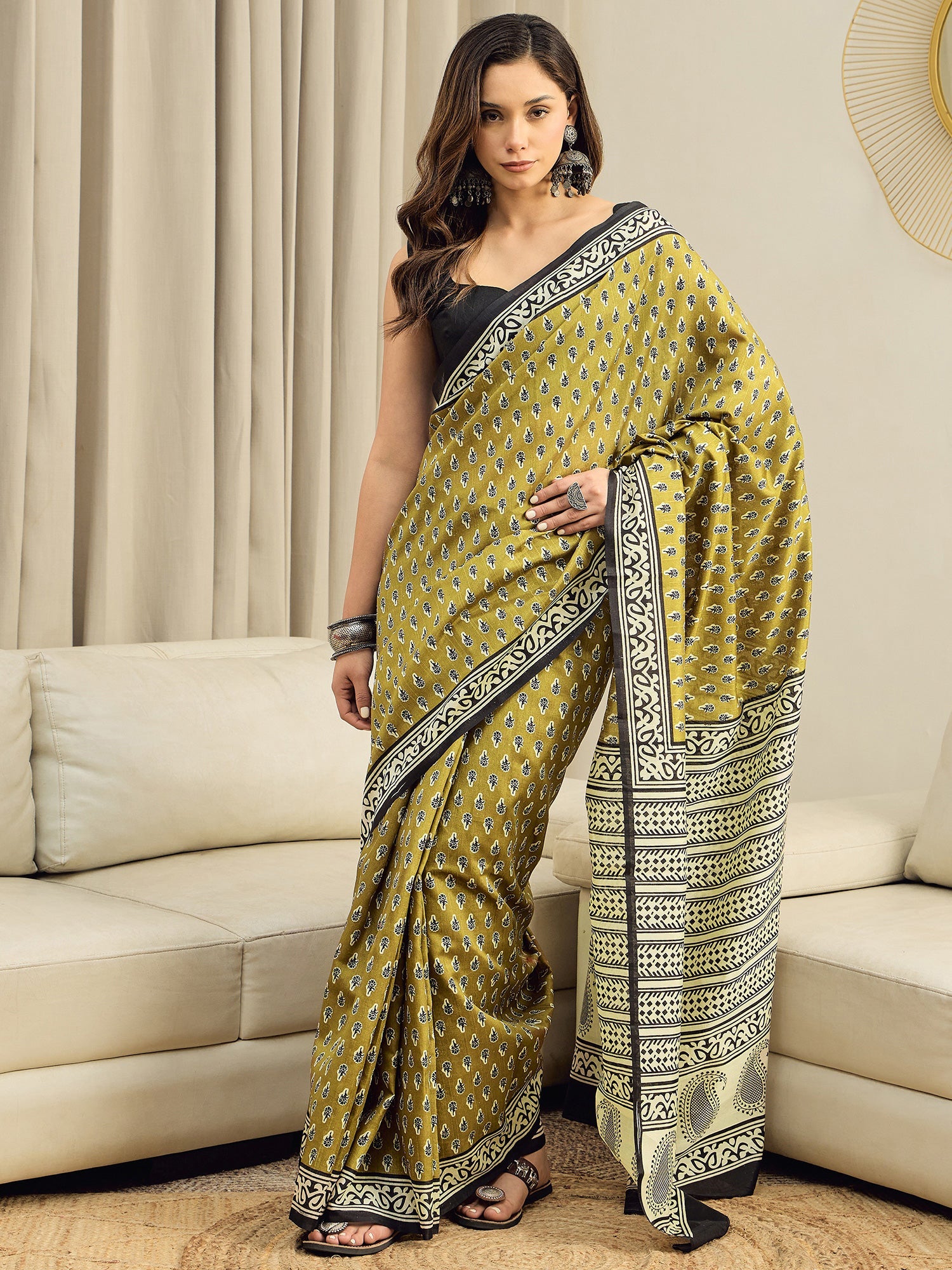 Olive Bhagalpuri Silk Block Printed Saree - Ressa
