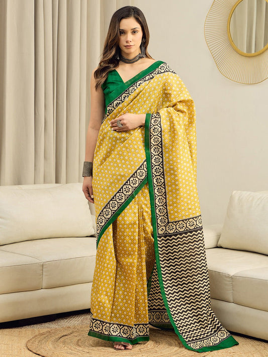 Yellow Bhagalpuri Silk Block Printed Saree - Ressa