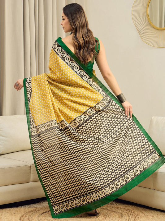 Yellow Bhagalpuri Silk Block Printed Saree - Ressa