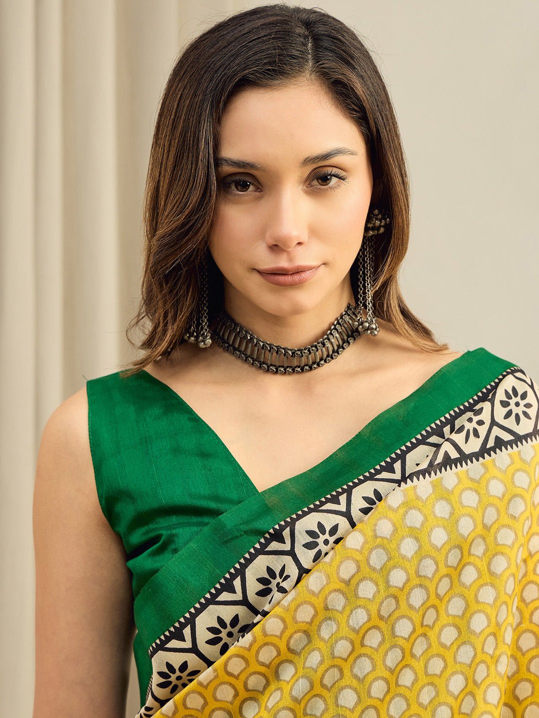 Yellow Bhagalpuri Silk Block Printed Saree - Ressa