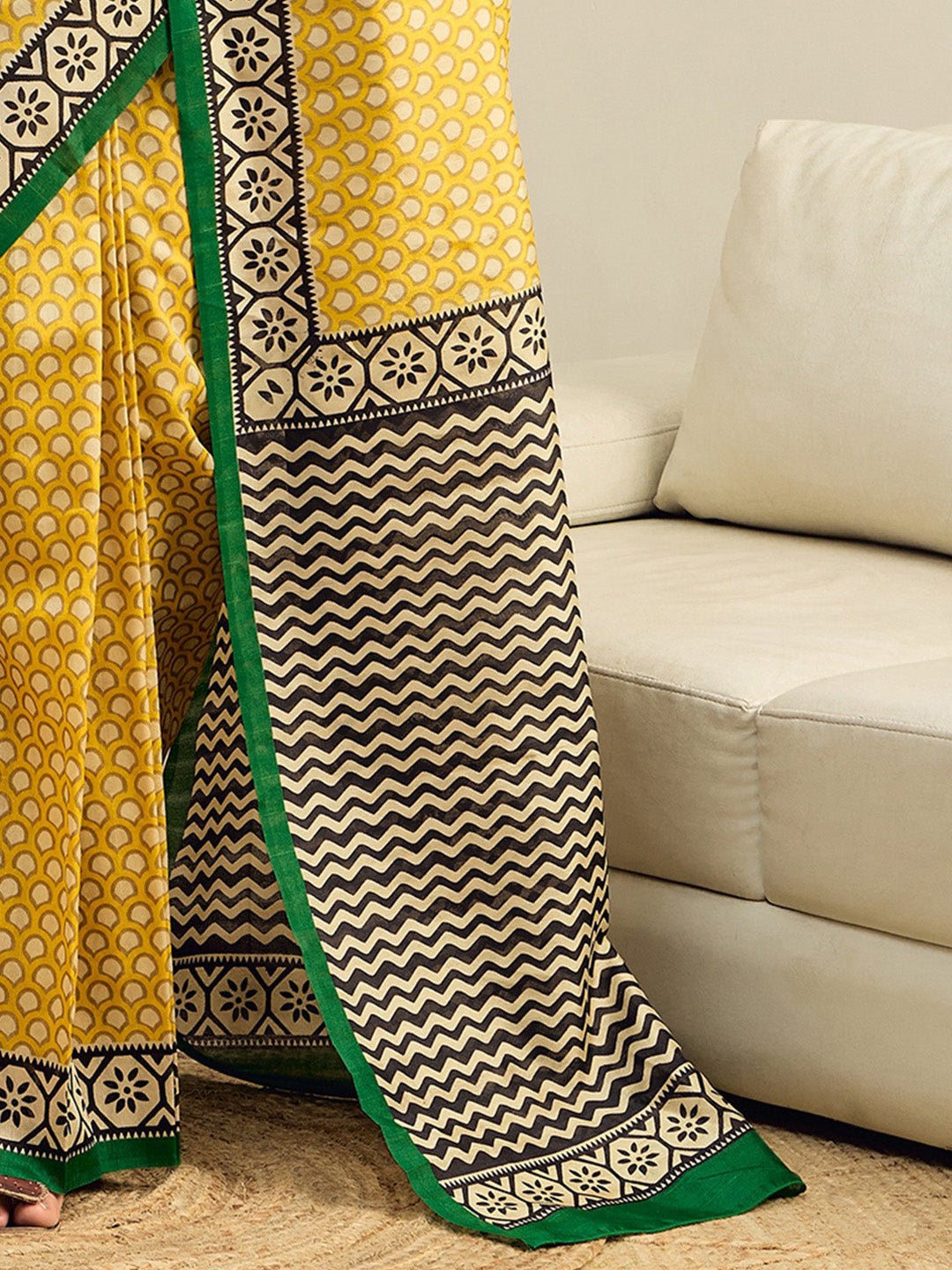 Yellow Bhagalpuri Silk Block Printed Saree - Ressa