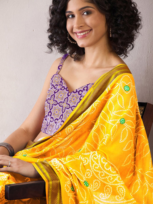 Yellow Cotton Ajrakh Block Printed Saree - Ressa