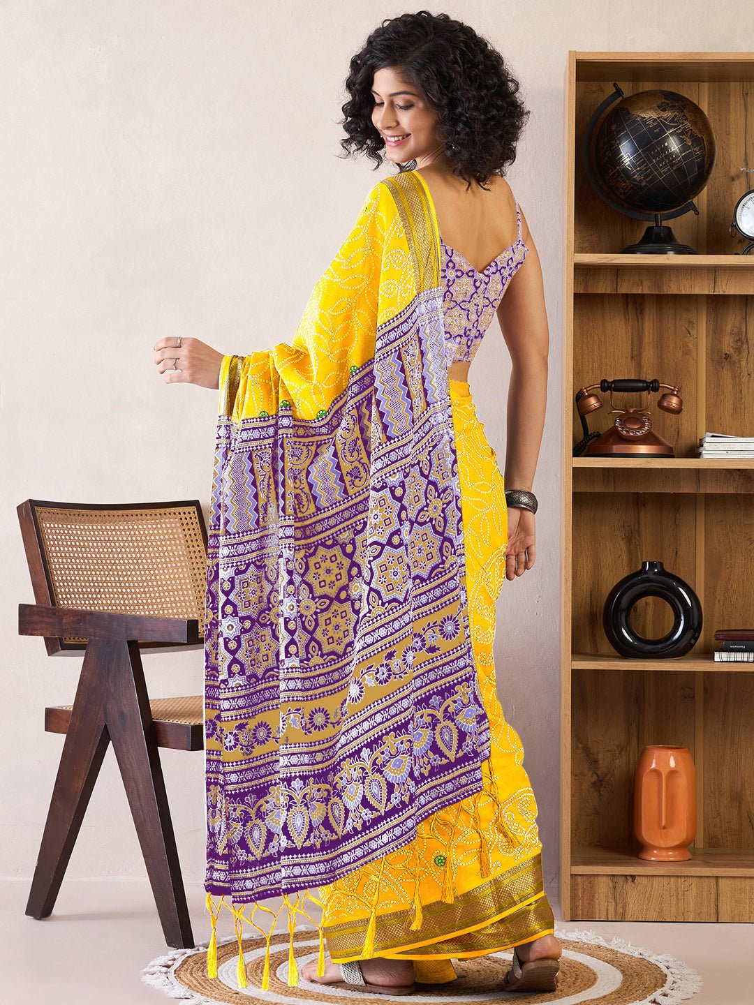 Yellow Cotton Ajrakh Block Printed Saree - Ressa