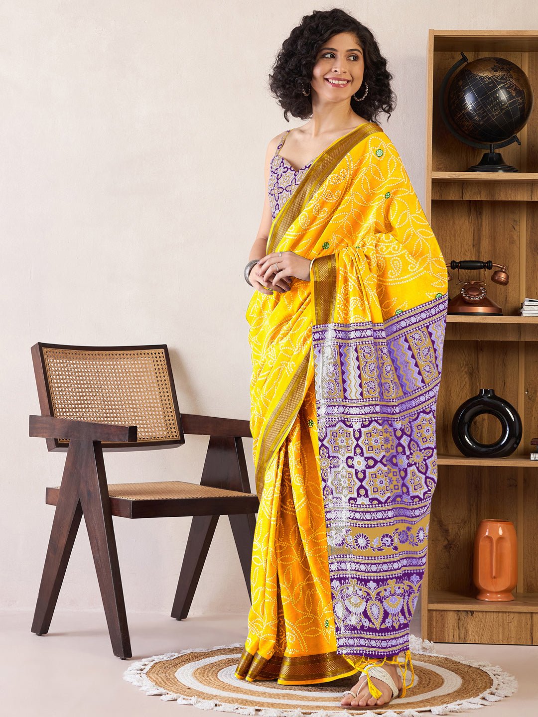 Yellow Cotton Ajrakh Block Printed Saree - Ressa