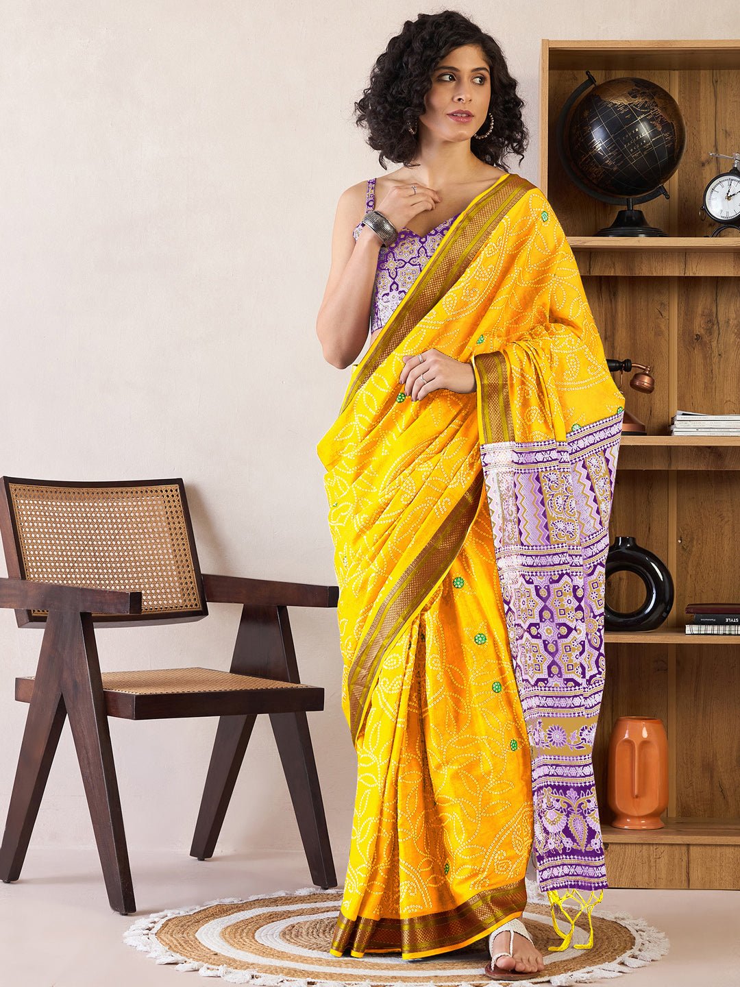 Yellow Cotton Ajrakh Block Printed Saree - Ressa