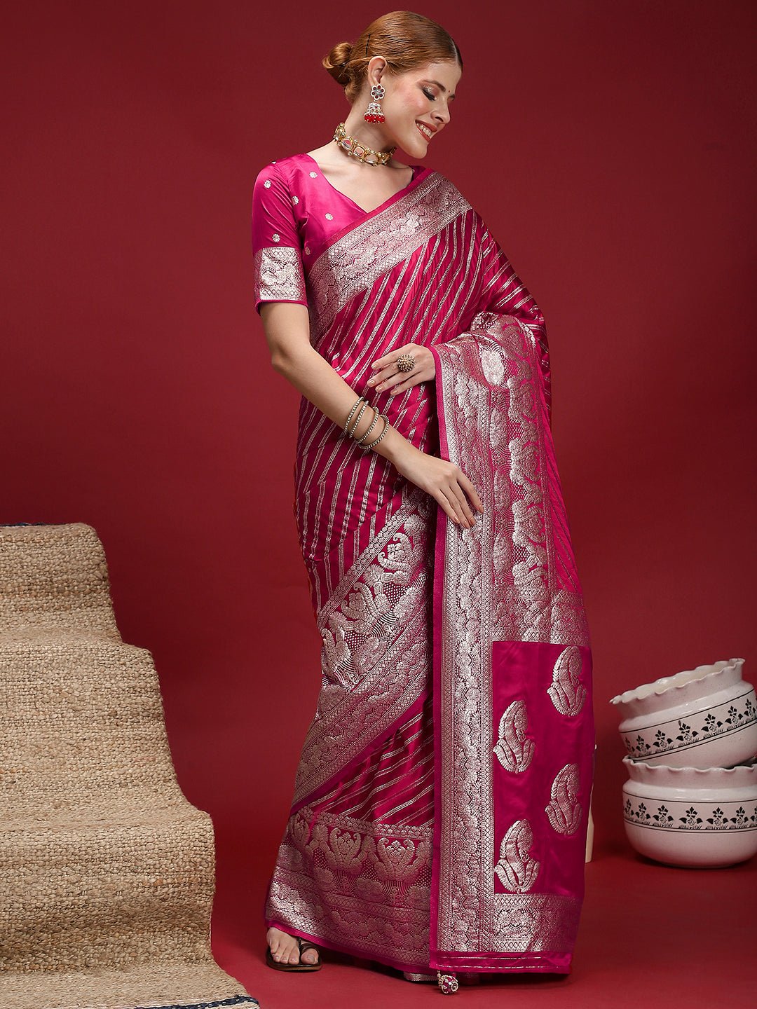 Ruby Red Satin Silk Banarasi Leheriya Zari Weave Saree - Ressa