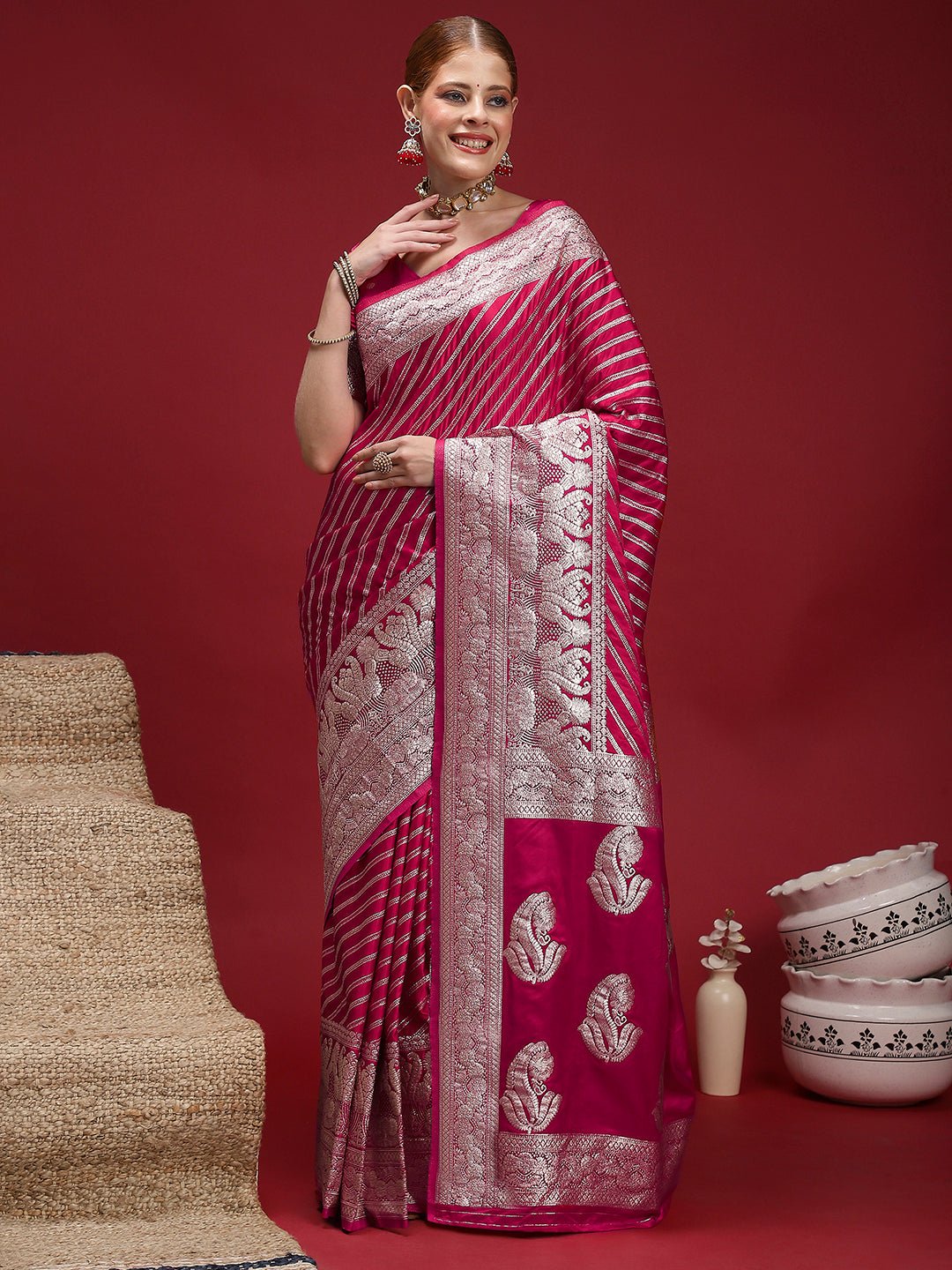 Ruby Red Satin Silk Banarasi Leheriya Zari Weave Saree - Ressa