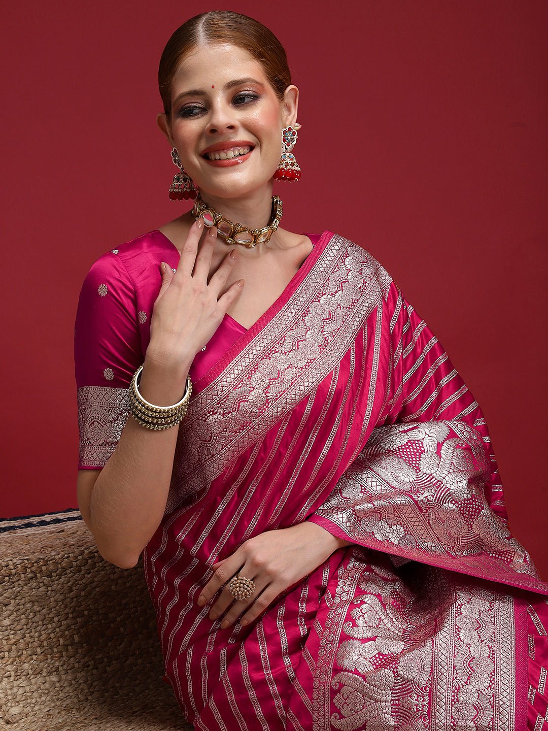 Ruby Red Satin Silk Banarasi Leheriya Zari Weave Saree - Ressa