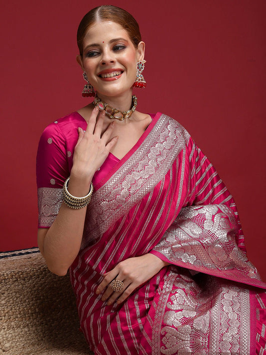 Ruby Red Satin Silk Banarasi Leheriya Zari Weave Saree - Ressa