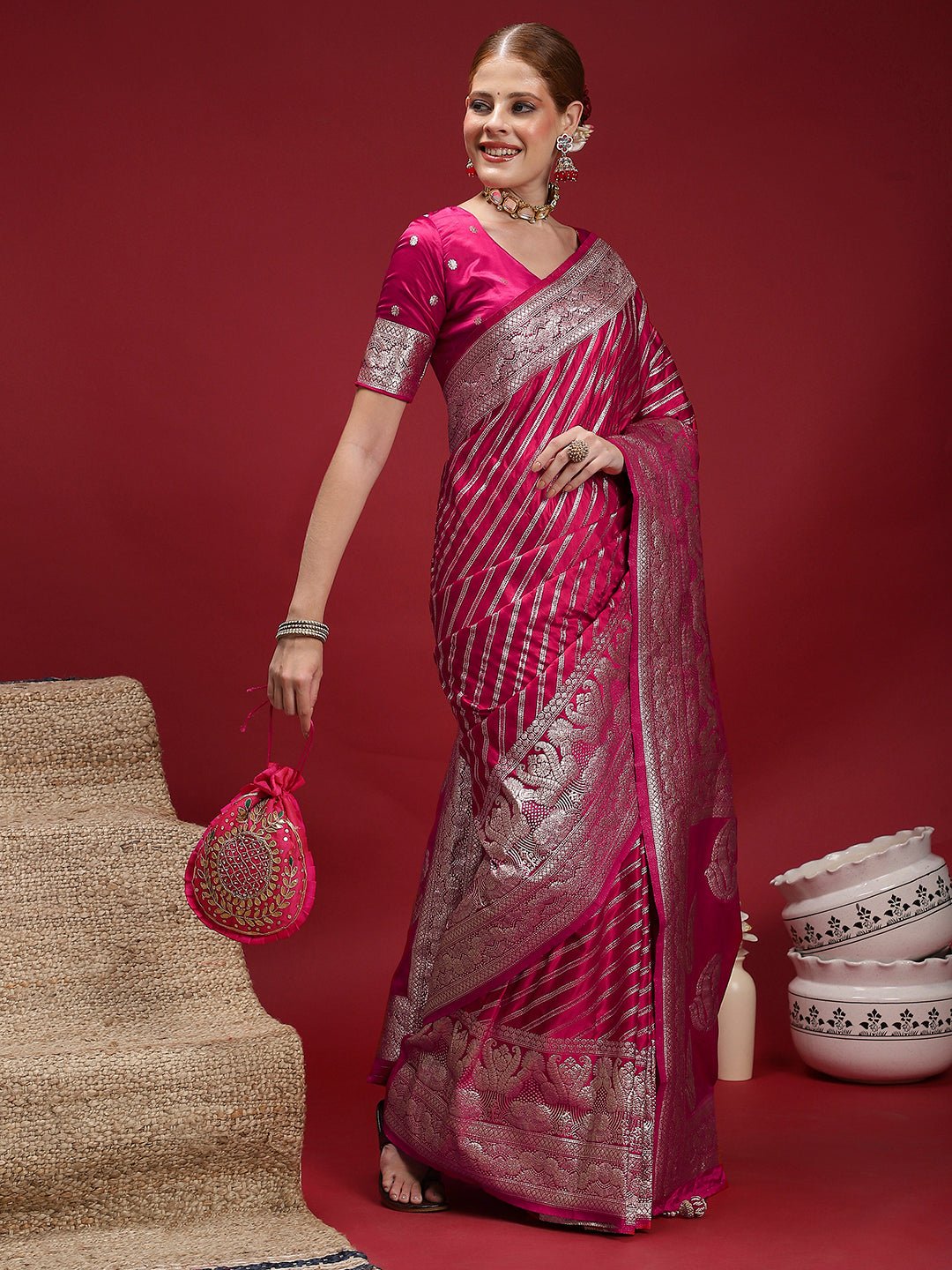 Ruby Red Satin Silk Banarasi Leheriya Zari Weave Saree - Ressa