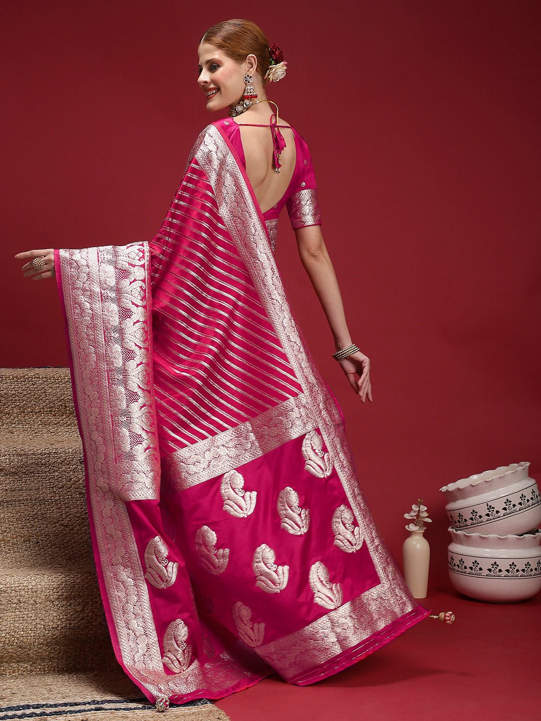 Ruby Red Satin Silk Banarasi Leheriya Zari Weave Saree - Ressa