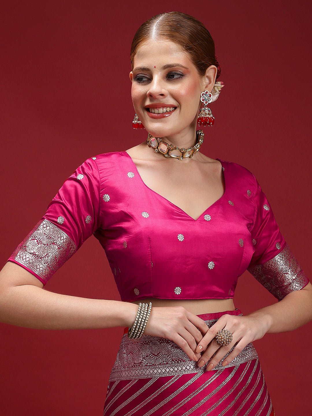 Ruby Red Satin Silk Banarasi Leheriya Zari Weave Saree - Ressa