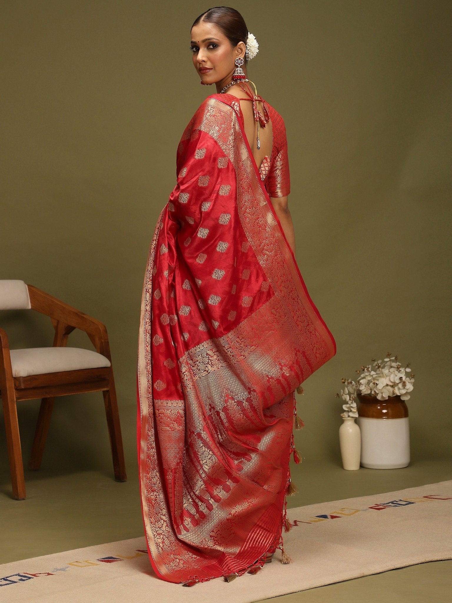 Ruby Red Vichitra Silk Saree - Ressa