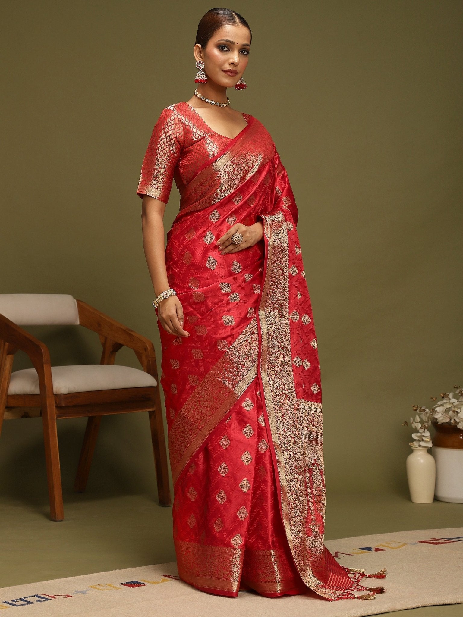 Ruby Red Vichitra Silk Saree - Ressa