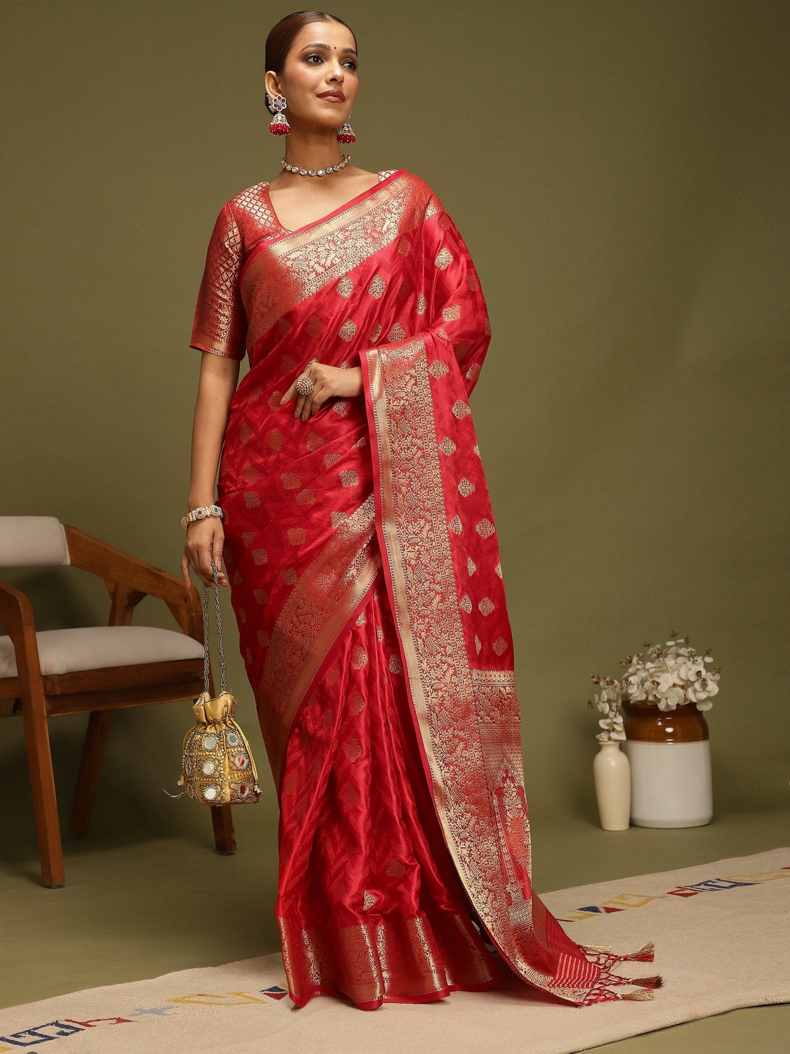 Ruby Red Vichitra Silk Saree - Ressa