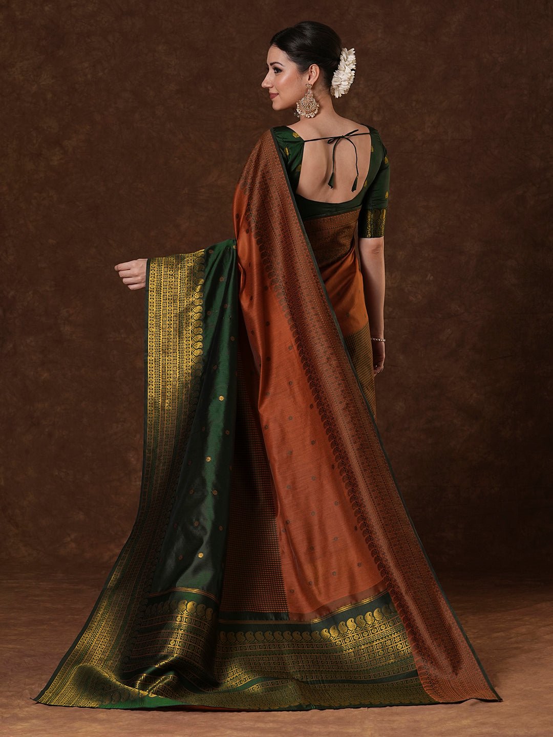 Rust Brown Silk Blend Saree - Ressa