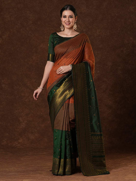 Rust Brown Silk Blend Saree - Ressa